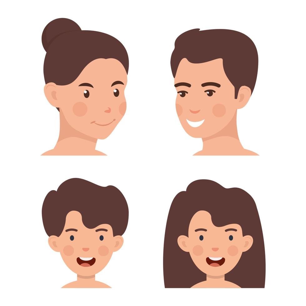 Set of happy family avatars, flat design style. Mom, dad, son, daughter happy faces. Vector illustration.