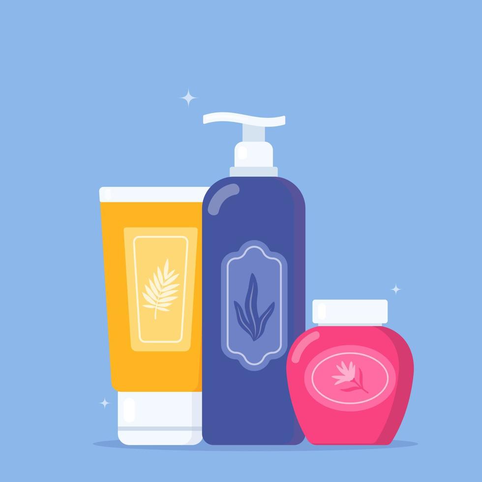 Set of tubes and vials cosmetics. Everything for beauty and skin care. Cosmetic bottles. Cream, gel, tube, soap. Products for beauty and cleanser. Vector illustration in flat style.