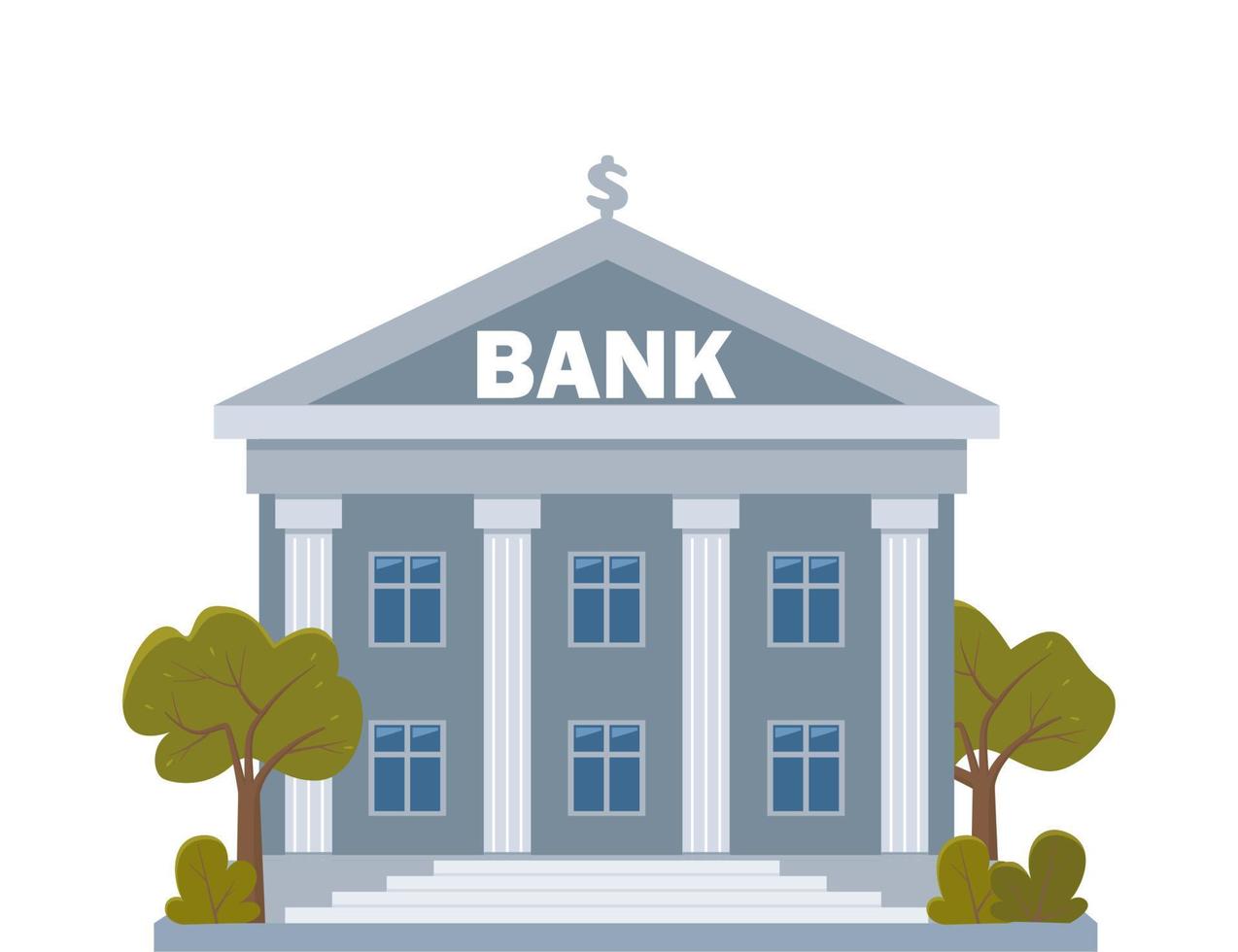 Bank building on a white background, bank financing, money exchange, financial services, ATM, giving out money. Bank facade with trees. Vector flat illustration.