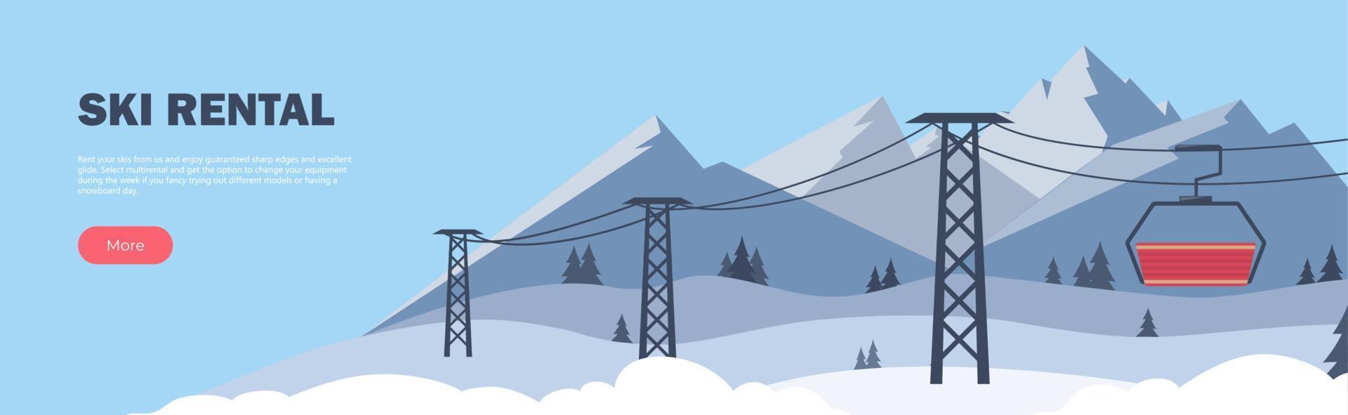 Ski Rental horizontal banner. Winter Sport. Ski resort. Winter mountain landscape with lodge, ski lift. Mountain tours conceptual web banner. Vector illustration.