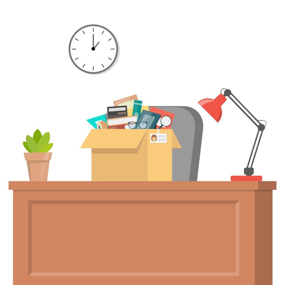 Office accessories in cardboard box on office table. Working stuff, documents, plant, photo frame, calculator, glasses, lamp. Moving into a new office. Flat style vector illustration.