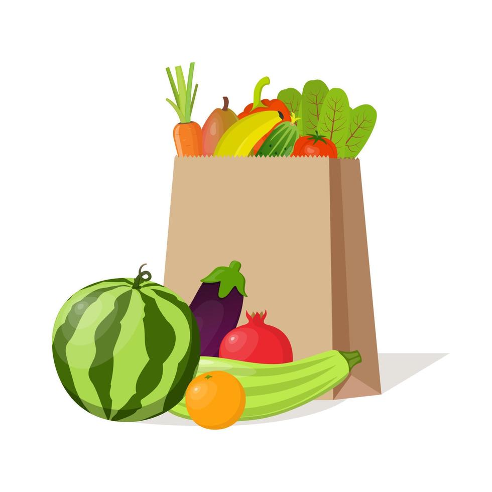 Paper bag full of natural organic vegetables and fruits. Beautiful composition with watermelon, zucchini, pomegranate, eggplant, orange, banana, beetroot, carrot, tomato, cucumber, sweet pepper, pear. vector