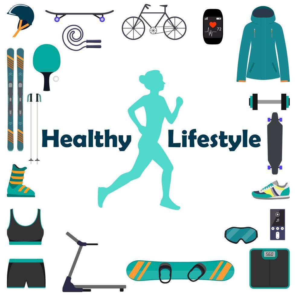 Silhouette of a running woman, surrounded by icons of sports equipment for different sports. Healthy lifestyle illustration icon set for infografics. vector