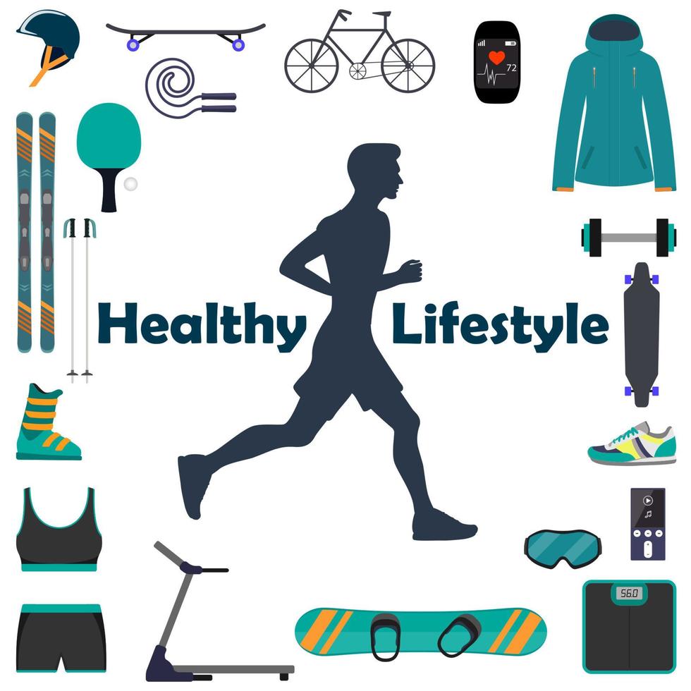 Silhouette of a running man, surrounded by icons of sports equipment for different sports. Healthy lifestyle illustration icon set for infografics. vector