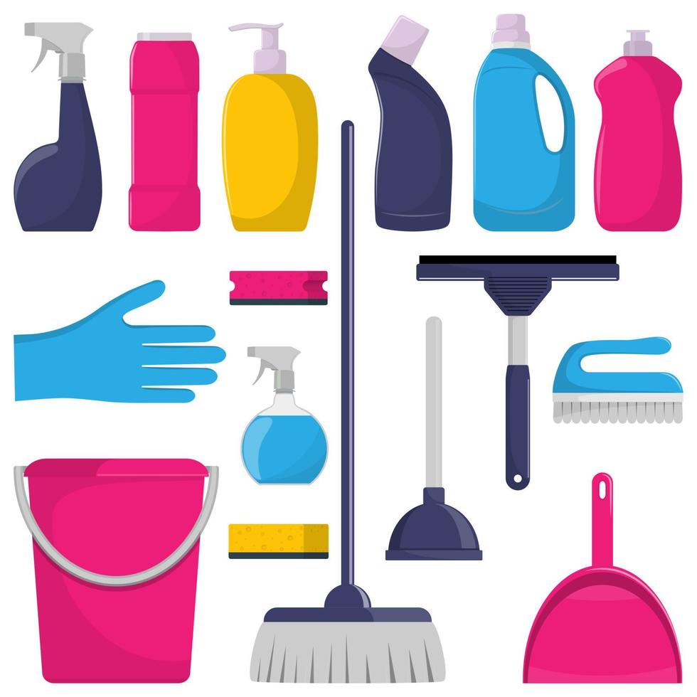 conjunto de herramientas de limpieza y detergentes aislados en blanco. ilustración vectorial vector
