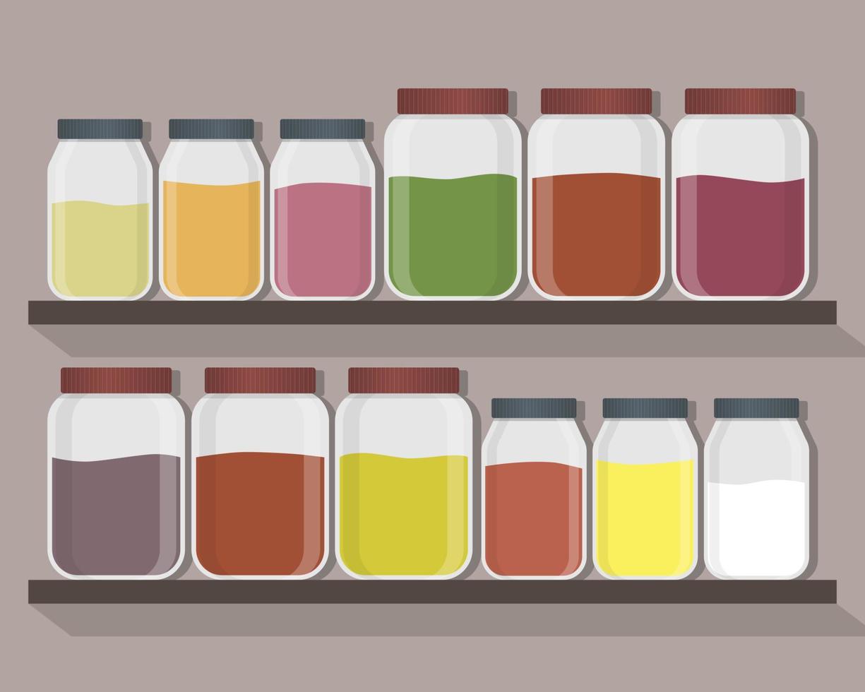 Set of kitchen jars with different content. Kitchen jars on the shelves. Vector illustration.