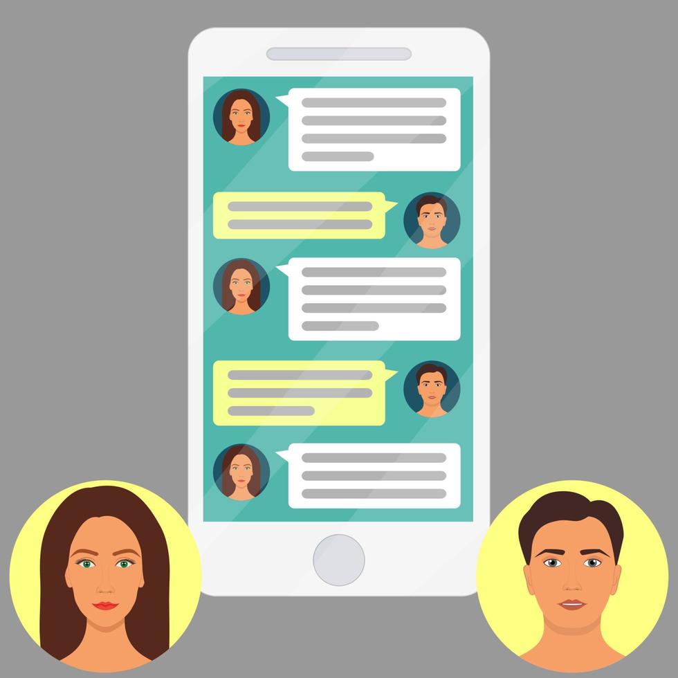 Dialogue men and women in the messenger on the smartphone screen. Modern smartphone with messenger app window. Chatting and messaging. Vector illustration.