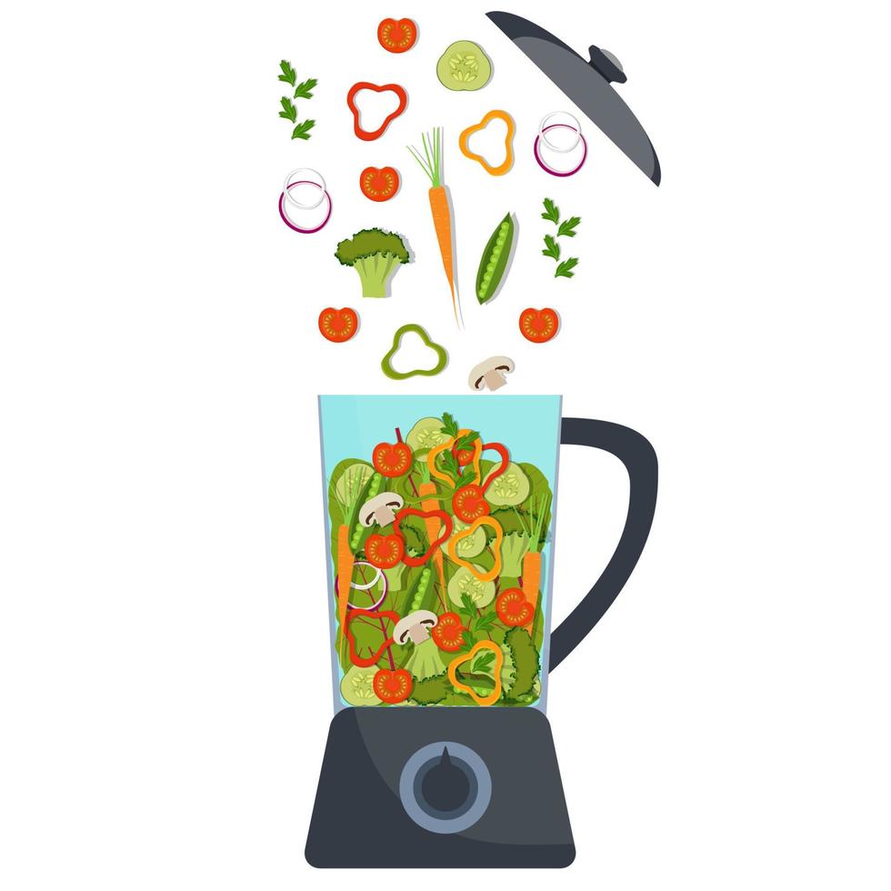 licuadora con diferentes verduras. brócoli, pimiento, tomate rojo, zanahoria, cebolla, verduras. ilustración vectorial en estilo plano. vector