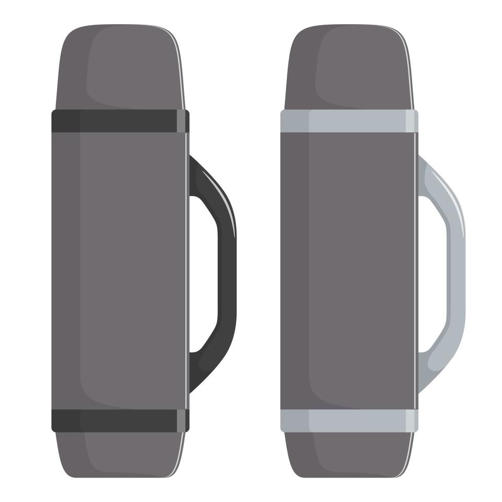 Modern thermoses for hot drinks, set. Flasks of different shapes. Vector illustration in flat style.