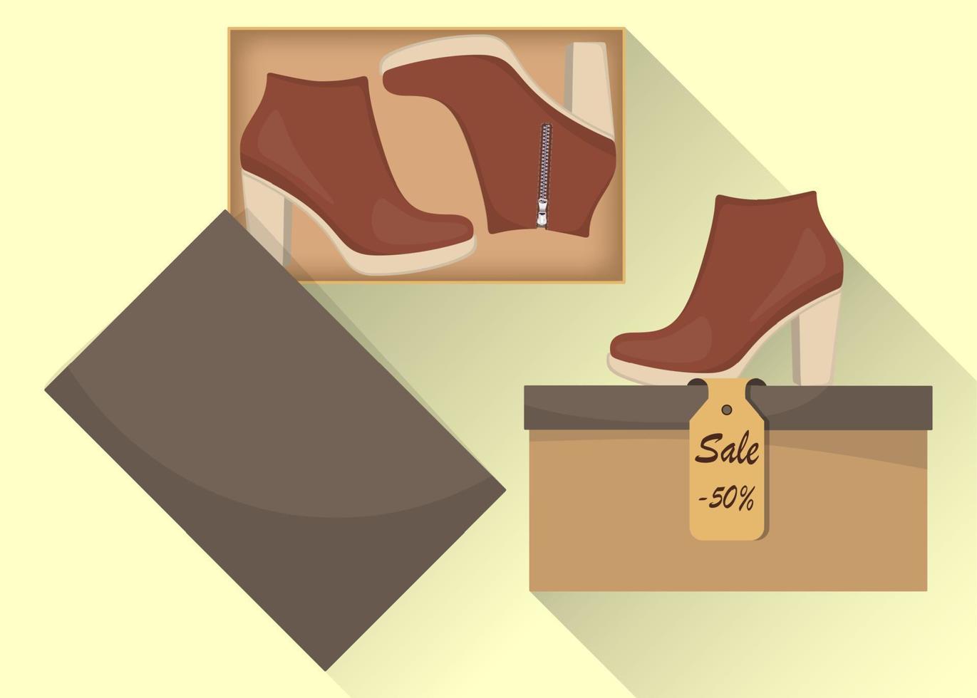 Stylish modern women s high heel boots in box, side view. Sale with a discount of 50 percent. Casual women s shoes. Illustration for a shoe store. Vector flat illustration.