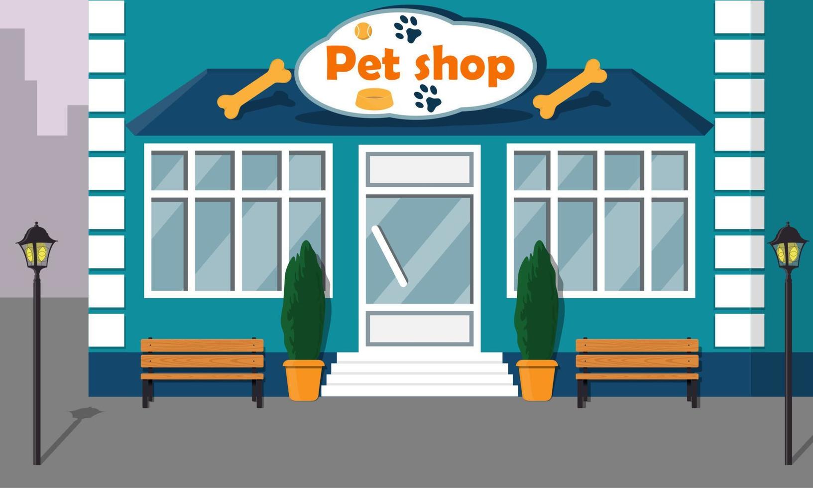 hermoso y moderno frente de tienda de mascotas con grandes ventanas y letrero en la fachada. ilustración vectorial de dibujos animados. vector