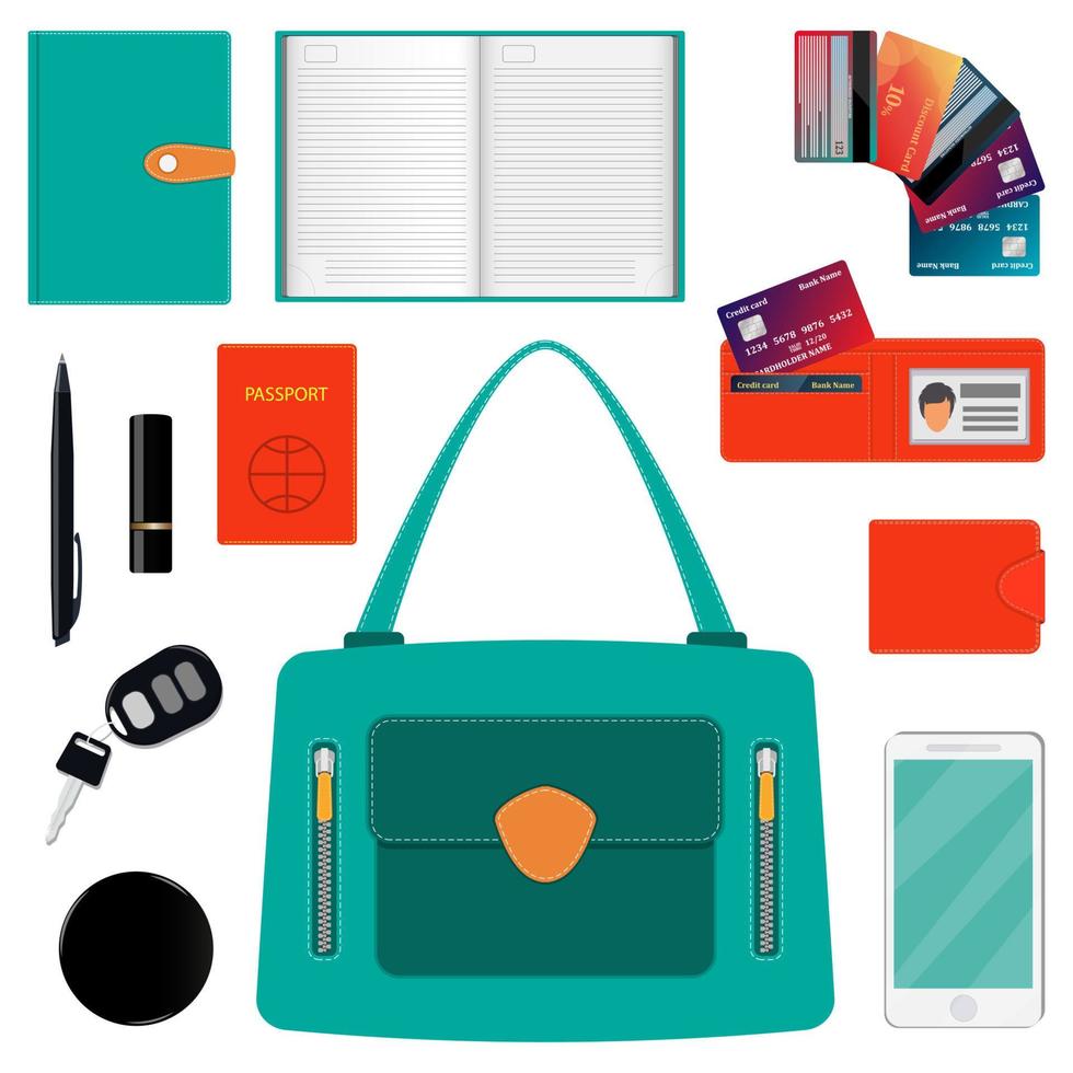 Woman s handbag and contents. Diary, wallet, bank cards, pen, smartphone, passport, car keys, lipstick, powder. Vector illustration.