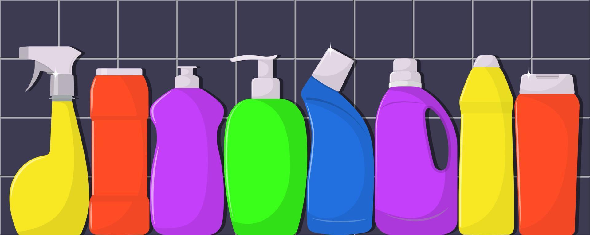 The bottles of detergent, washing powder, detergent powder, bottle of spray, a means for washing dishes. The bottles of detergent on tile background. Vector illustration in flat style.