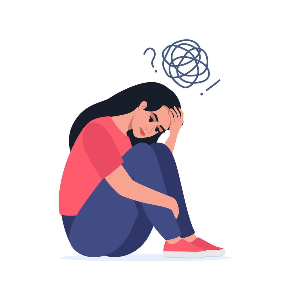 Depressed Unhappy Woman Sit on Floor with Tangled Thoughts in Head, Girl Need Psychological Help. Mind Health Problem, Mental Disease. Vector Illustration.