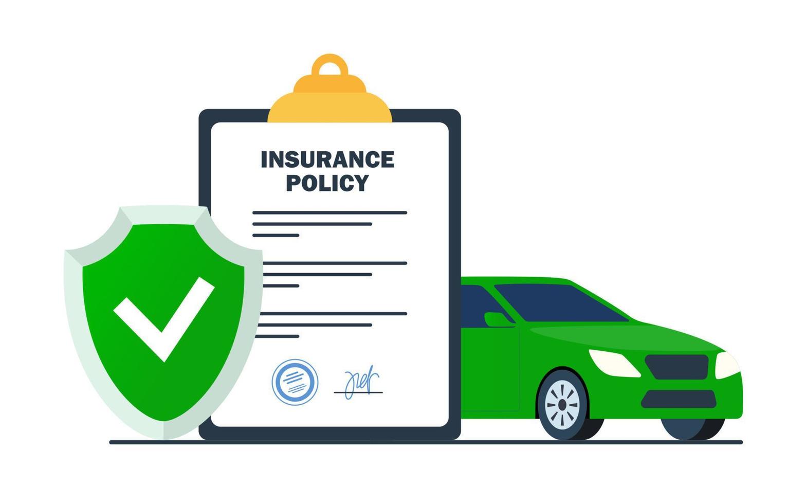 Car insurance concept. Insurance policy on clipboard and car. Document report with shield and automobile. Vector illustration.