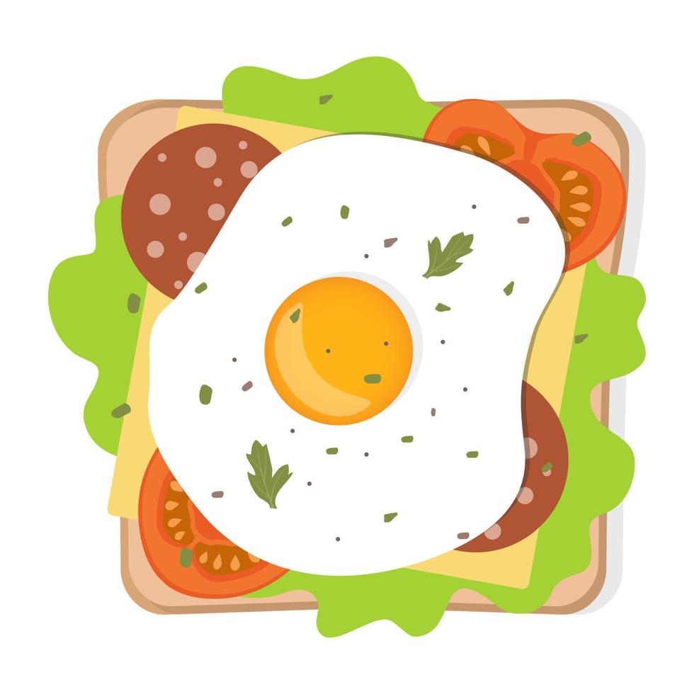 tostadas con huevo frito y verduras. sándwich con pan, huevo, queso, tomate, salchicha, hierbas y especias. mejor para el desayuno. ilustración vectorial vector