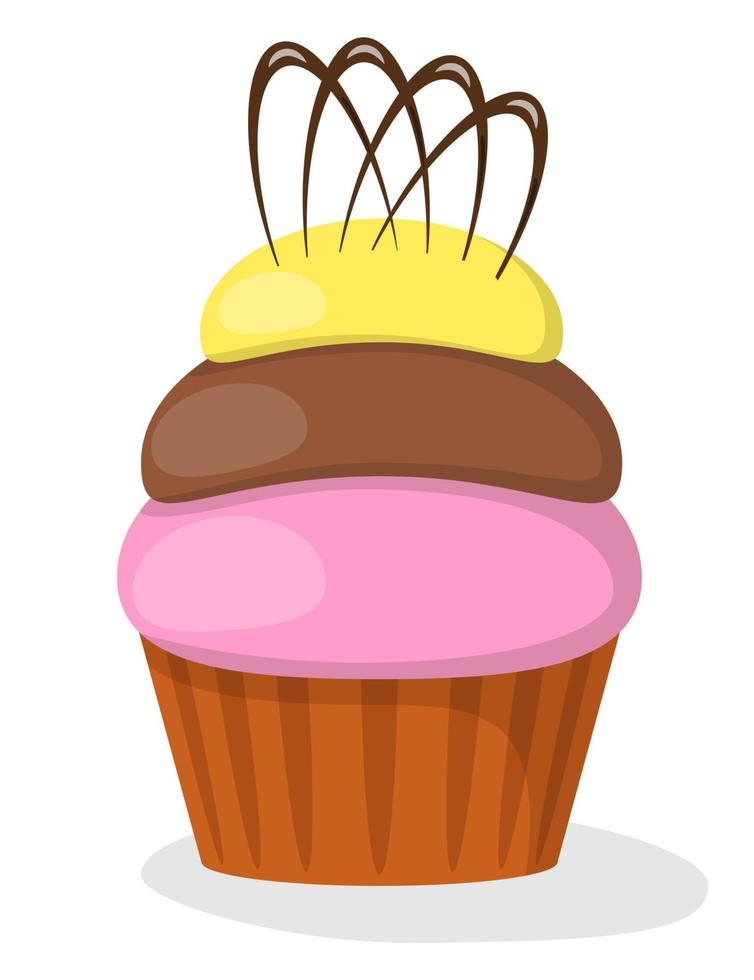 Cupcake with colored cream and chocolate. Vector illustration.