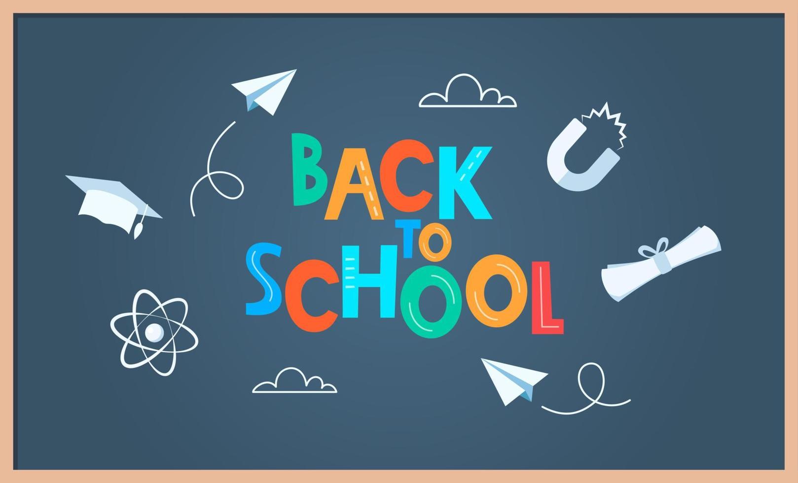 Back to school poster, banner. Lettering Back to school inscription with study supplies, drawn with chalk on a board. Education concept design. Vector. vector