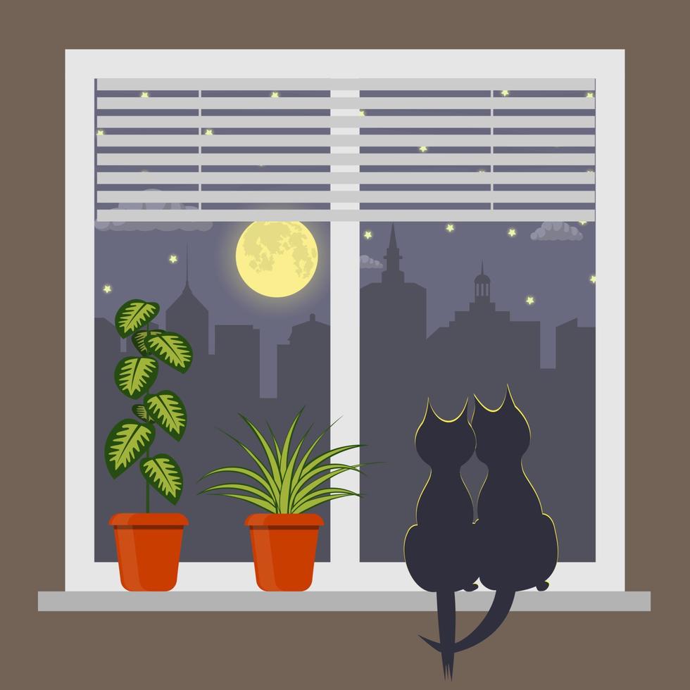 siluetas de dos gatos sentados en un alféizar bajo la luz de la luna. ciudad de noche fuera de la ventana. persianas en ventana y planta de habitación en maceta en el alféizar de la ventana. ilustración vectorial vector