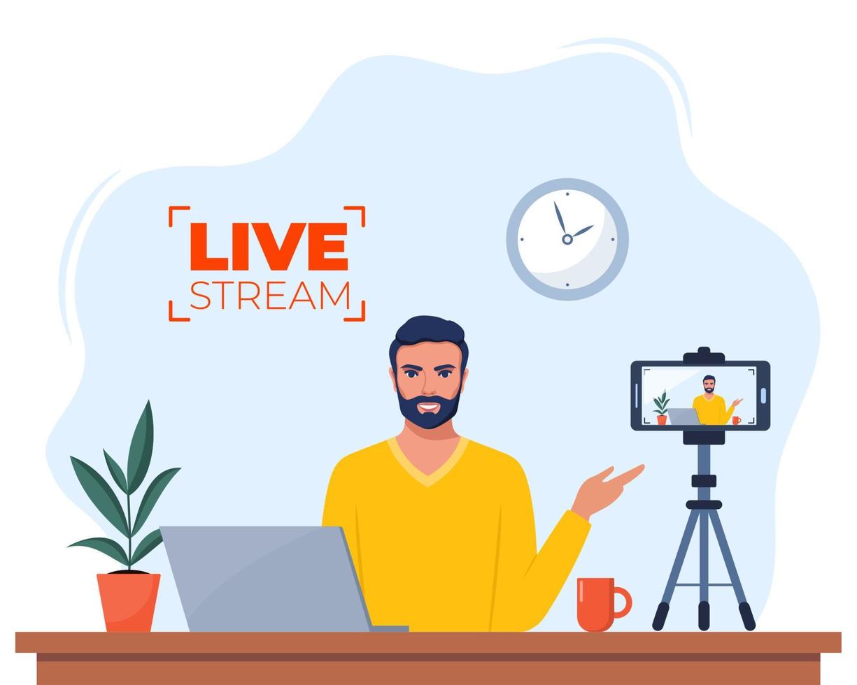 Blogger communicates in live stream with followers. Man records video content on camera. Influencer creating video for a blog. Video blogging concept for web banner design. Vector illustration.