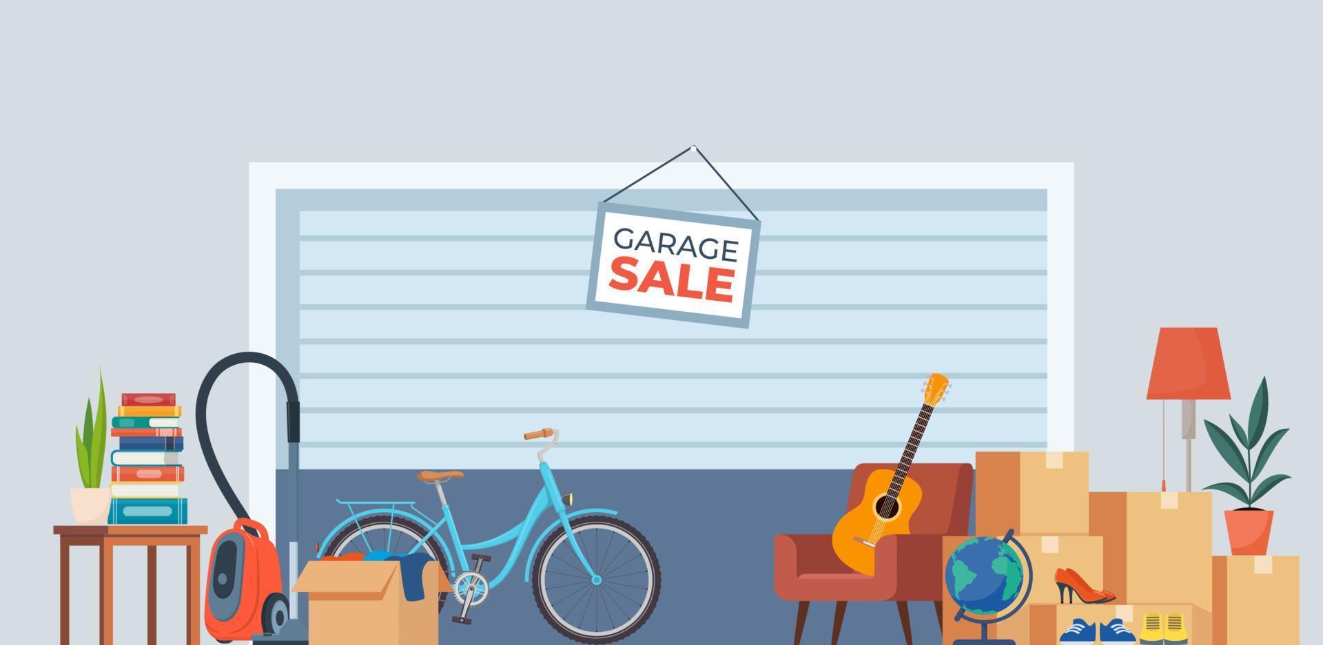 Garage sale background with furniture and accessory. House plants, guitar, books, clothes, chair and others. Flea market old stuff clutter. Vector illustration.