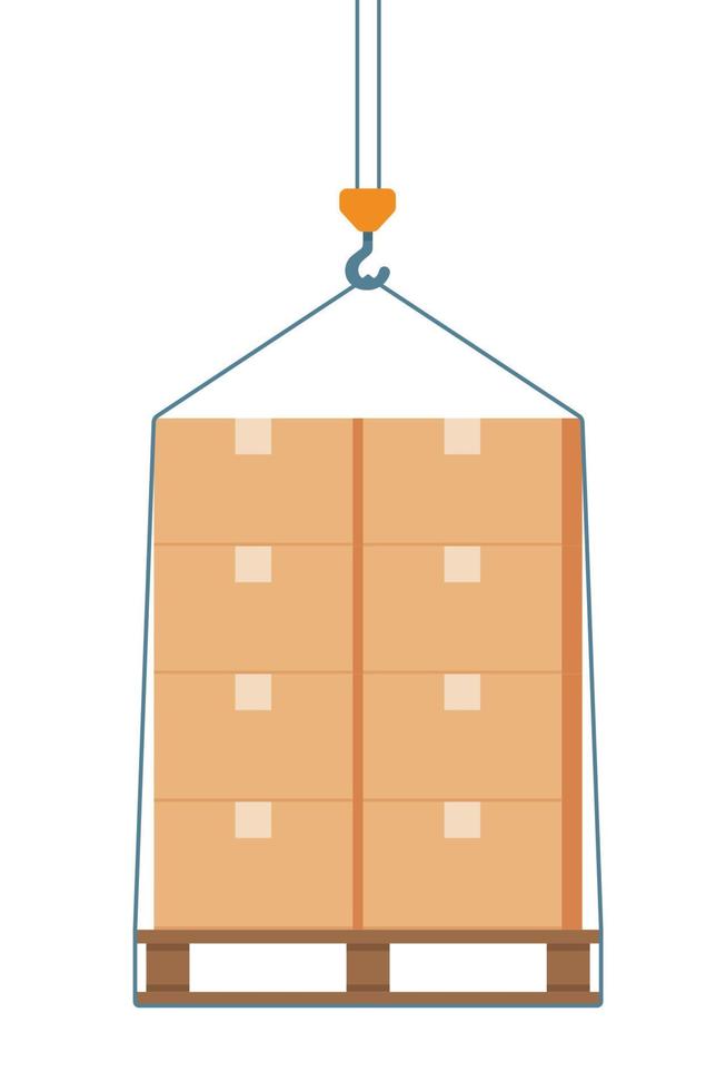 Boxes on a pallet are lifted with a crane hook. Beige cardboard closed box stack on wooden pallets, packaging cargo storage, industry shipment, shipping goods. Vector illustration.