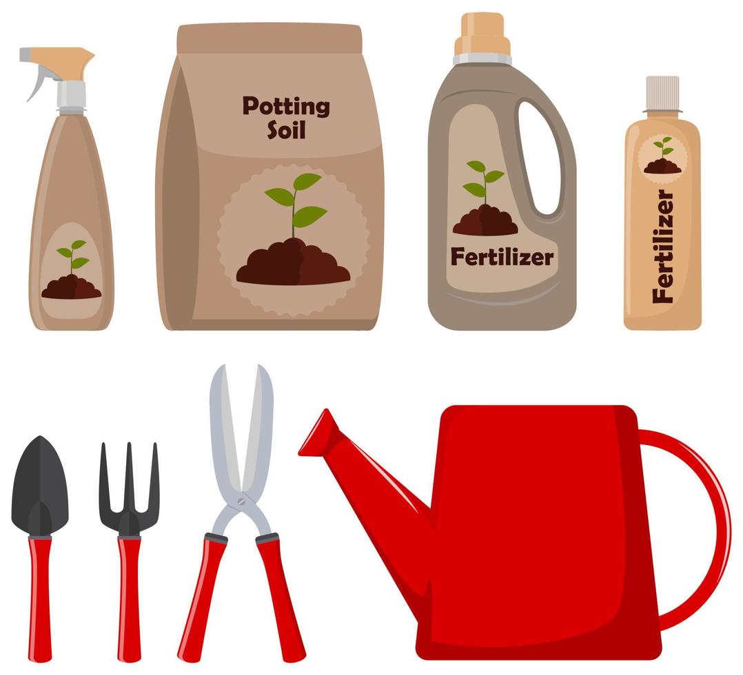 conjunto de herramientas de jardinería, tierra para macetas, varios fertilizantes en botellas y pistola rociadora. ilustración vectorial en estilo plano. vector