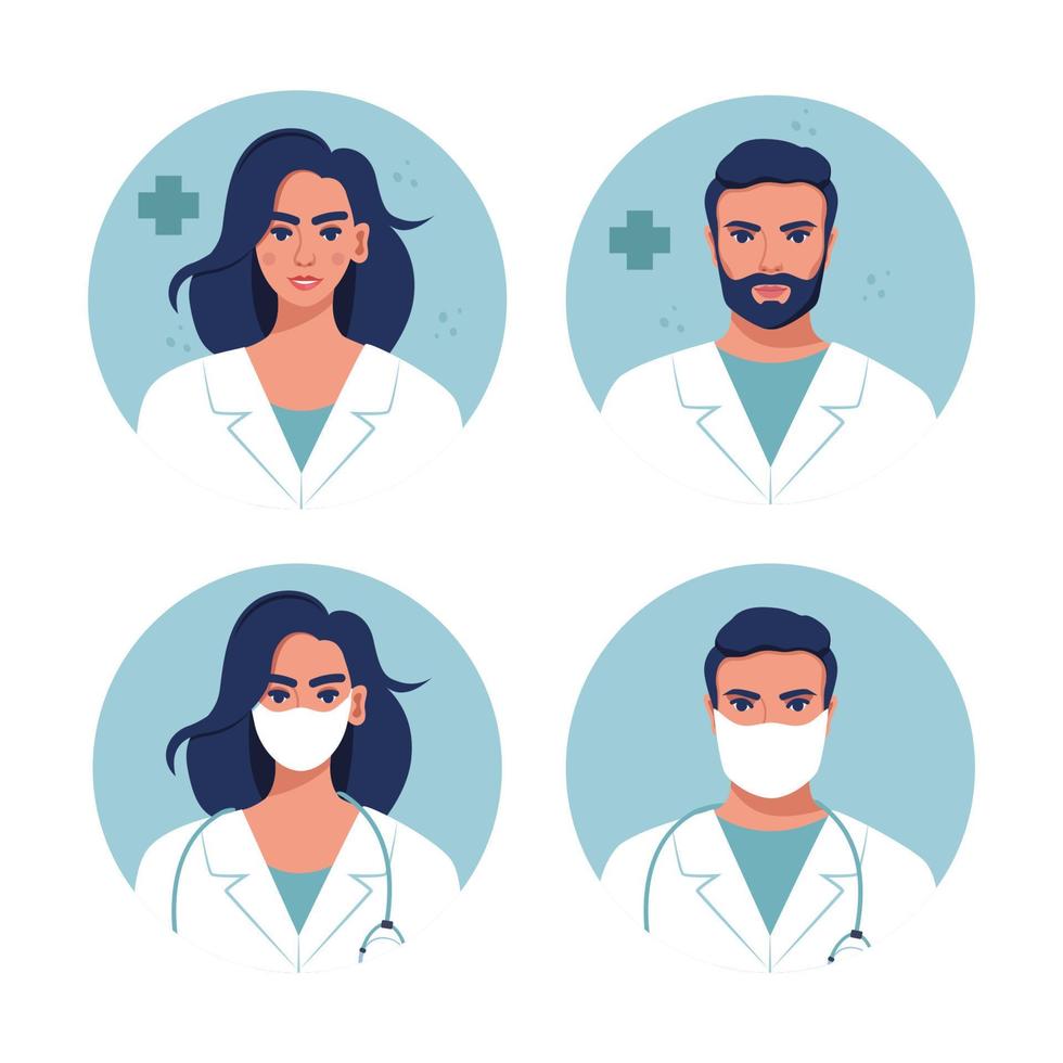 avatares planos de medicina con médicos masculinos y femeninos. equipo de la clínica médica. colección médica de iconos redondos, ilustración vectorial. vector