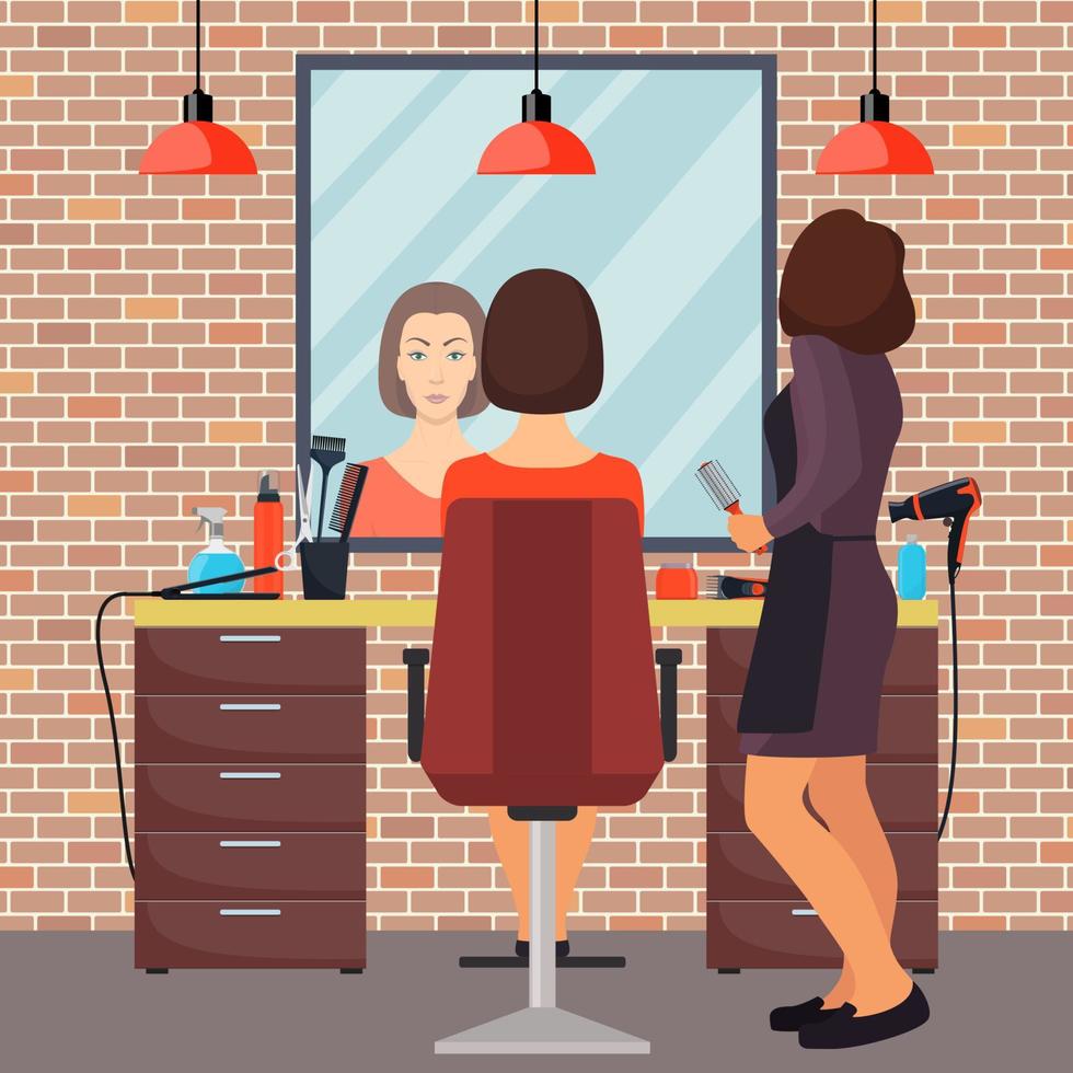 Hairdresser and woman client in beauty hairdressing salon in loft style. Chair, mirror, table, hairdressing tools, cosmetic products for hair care. Barber shop interior. Flat vector illustration.