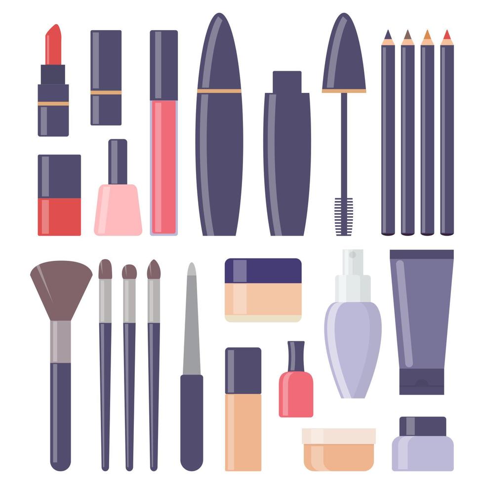 cosméticos decorativos, gran conjunto de iconos. todo para el maquillaje y cuidado personal. vector