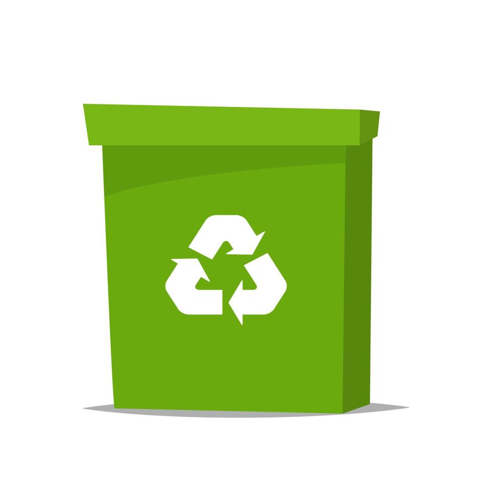 Big green recycle garbage can with recycling symbol on it. Trash bin in cartoon style. Recycling trash can. Vector illustration.