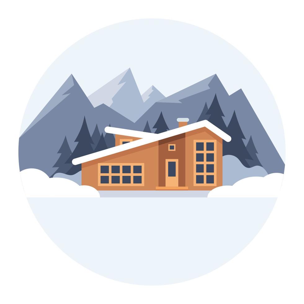 Winter mountain landscape with big house for tourists. Winter holidays in the mountains, ski resorts, house rentals. Vector flat illustration.