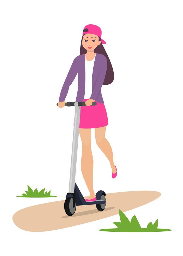 Cute girl riding kick scooter. Teen girl in short skirt, jacket and baseball cap rides on scooter. Young charming female character on kick scooter, vector in flat style.