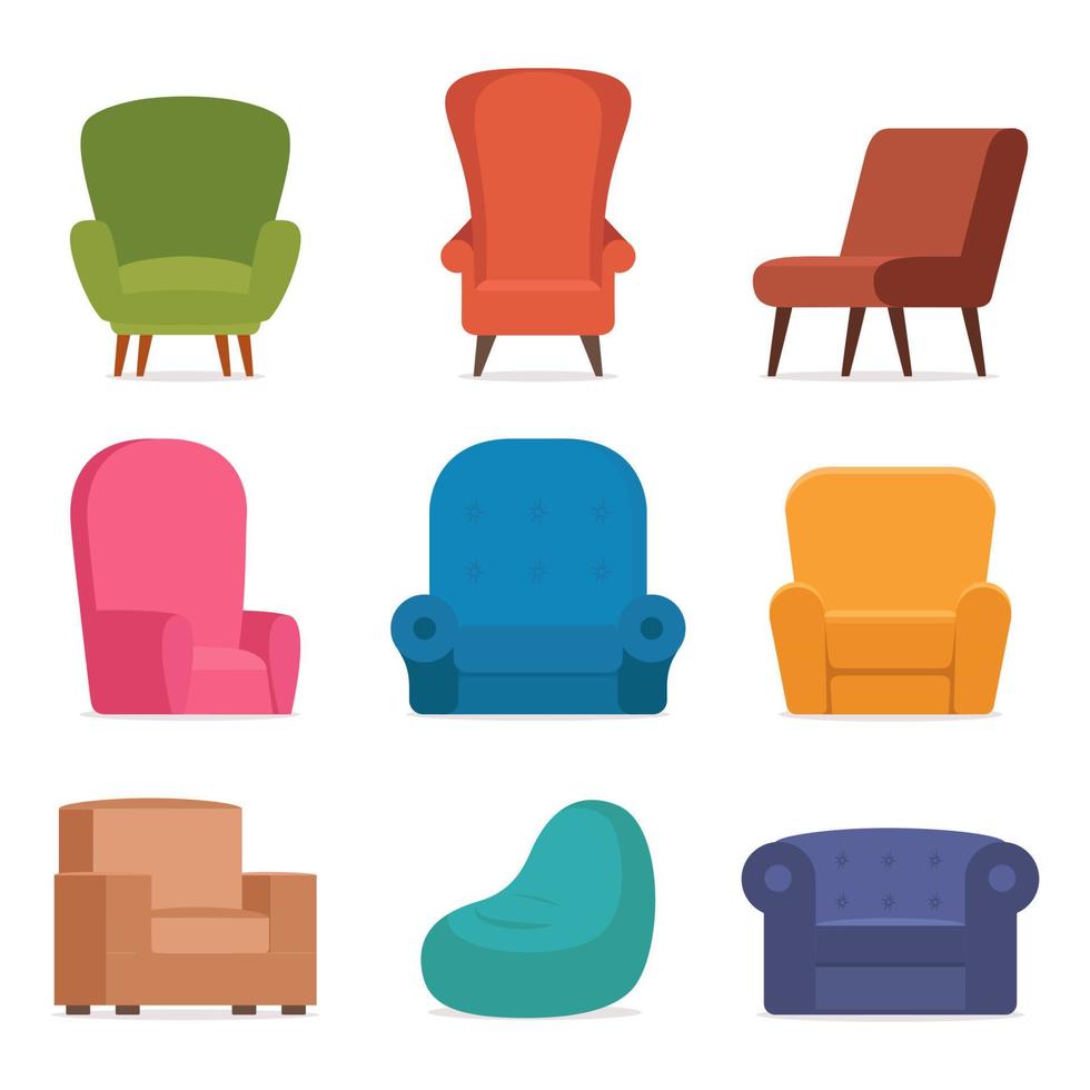 cómodos sillones retro y modernos. colección de elegantes muebles acogedores. conjunto de sillas de moda, muebles simples de moda. ilustración vectorial vector