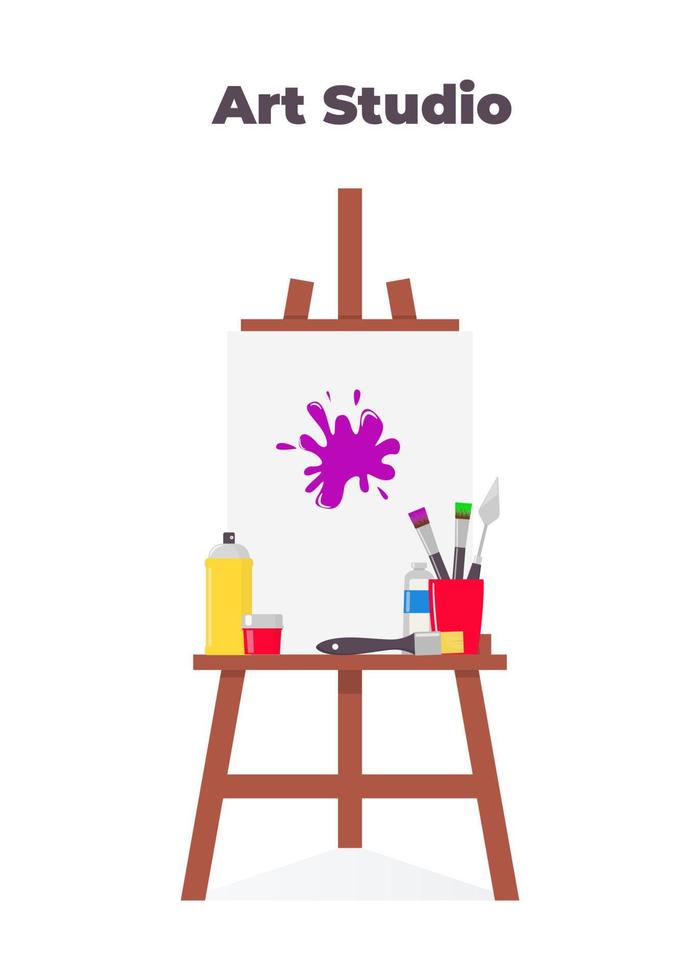Easel, canvas, paint and all necessary tools for drawing. Beautiful composition for advertising art Studio. vector