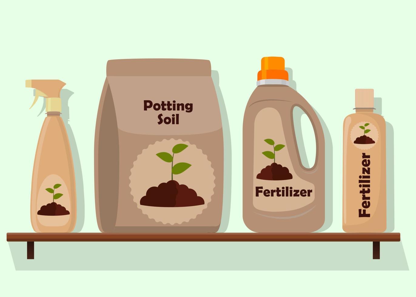 Packing with soil for potted plants. Potting soil, various fertilizers in bottles and spray gun. Vector illustration in flat style.