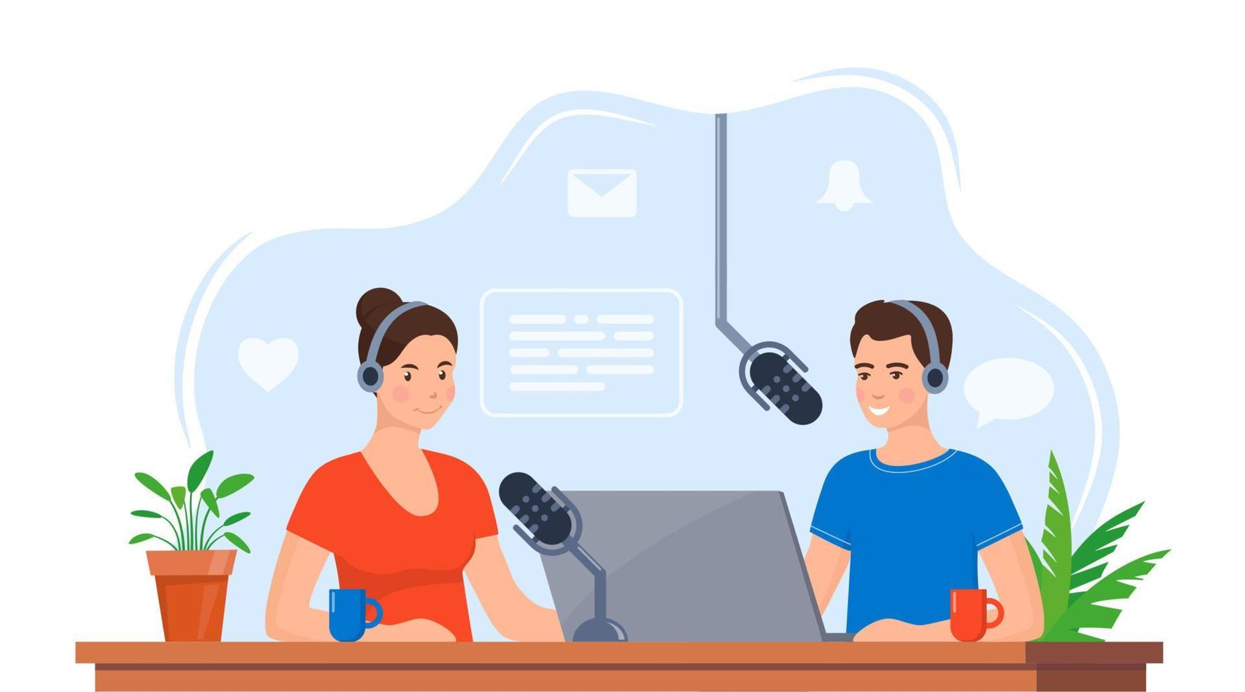 People recording podcast in studio. Radio host interviewing guest on radio station. Man and woman in headphones talking. Broadcasting. Vector illustration.