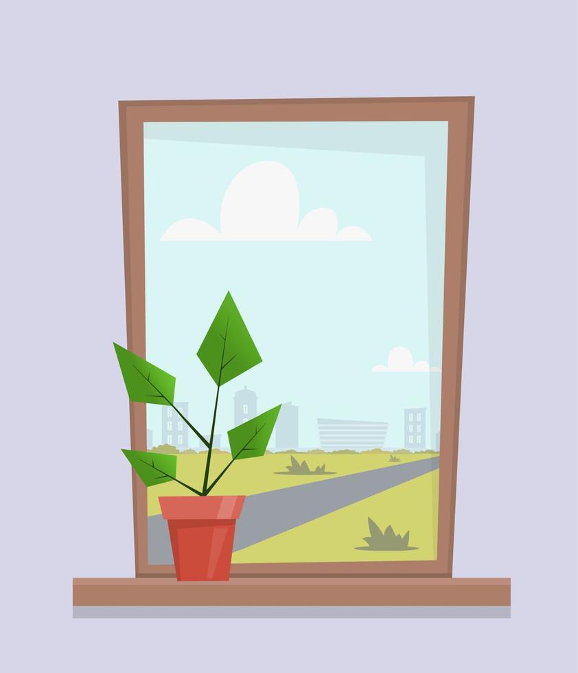 Window with house plant in pot on the windowsill. City landscape outside the window. Cute cartoon vector illustration in flat style.
