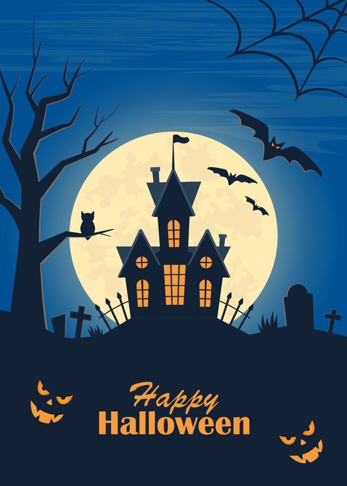 cartel de halloween, folleto de invitación de fiesta de miedo, pancarta. castillo oscuro, luna, murciélagos, tumbas, lápidas, cruces, árbol, búho, calabazas. Ilustración de vector de noche de Halloween.
