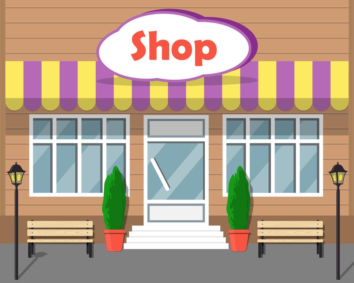 Beautiful modern store front with big windows and sign Shop on the facade. Cartoon vector illustration.