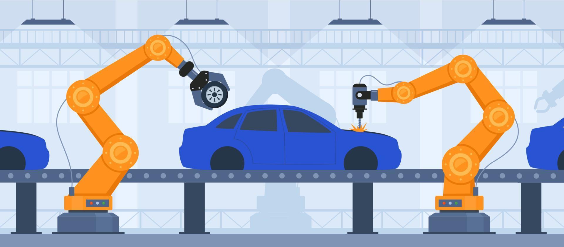 Process of automated car production. Wehicle parts on the machinery line with robotic hands. Assembly line at an automobile factory. Vector illustration.