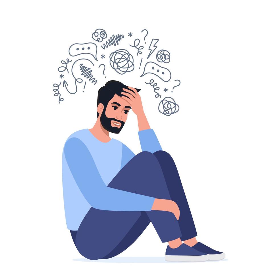 Young man is sitting surrounded by stream of thoughts, chaos in head. Mental disorder, anxiety, depression, stress, headache. Dizziness, sad, anxious thoughts, emotional burnout. Vector illustration.