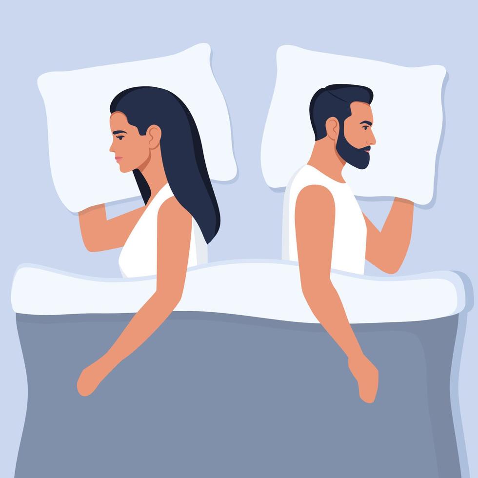 Young couple on bed turned back each other. Intimate, depressed couple, married or sexual problems. Misunderstanding, disagreement, relationship troubles. Man and woman in quarrel. Vector. vector