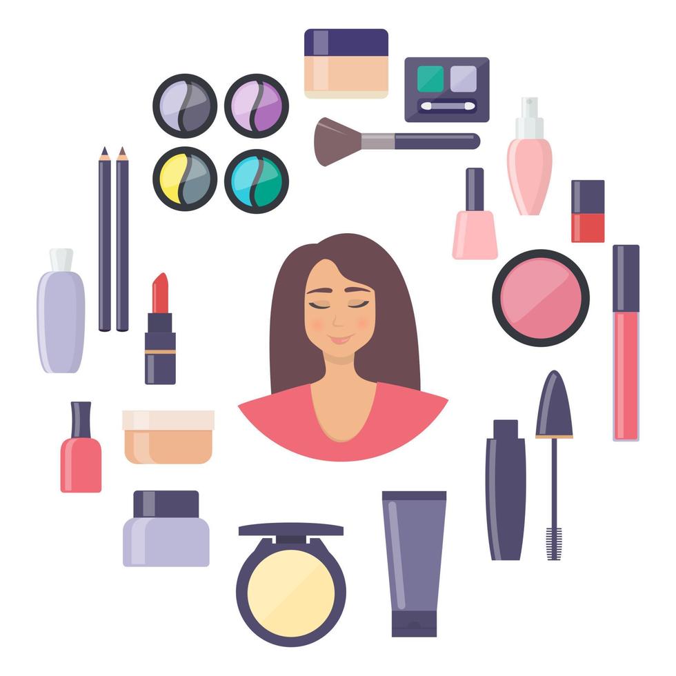 Woman face surrounded by decorative cosmetics elements. Everything for make up and self care. vector