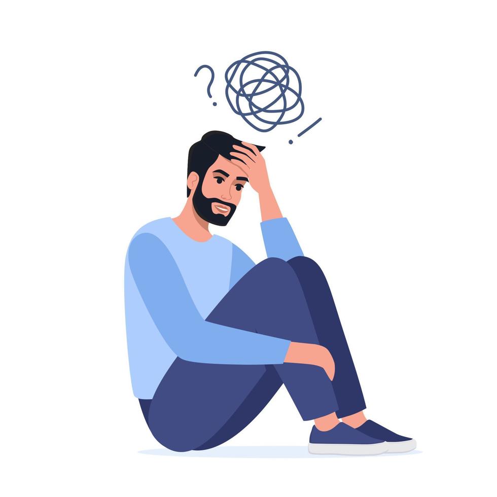 hombre infeliz deprimido sentado en el suelo con pensamientos enredados en la cabeza, el hombre necesita ayuda psicológica. problema de salud mental, enfermedad mental. ilustración vectorial vector