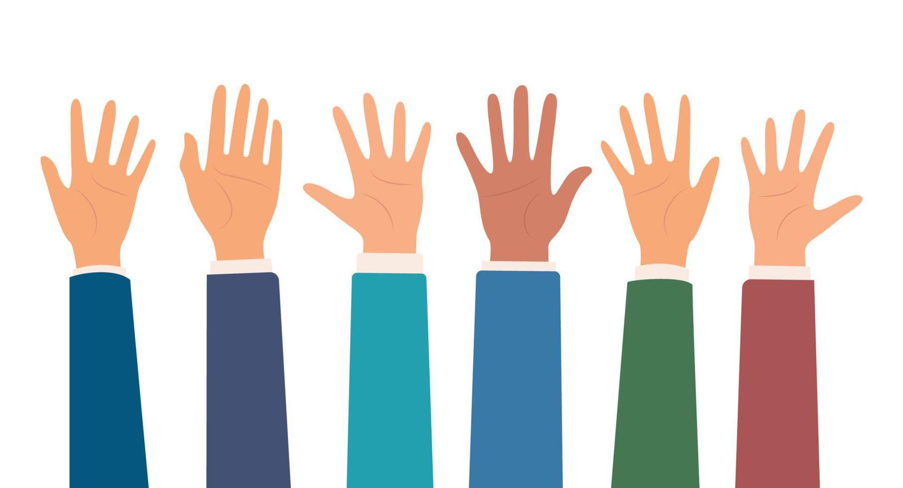 Multicultural crowd of people with hands up, teamwork of multinational team. Male and female hands. Teamwork, friendship, unity, help, volunteering concept. Vector illustration.