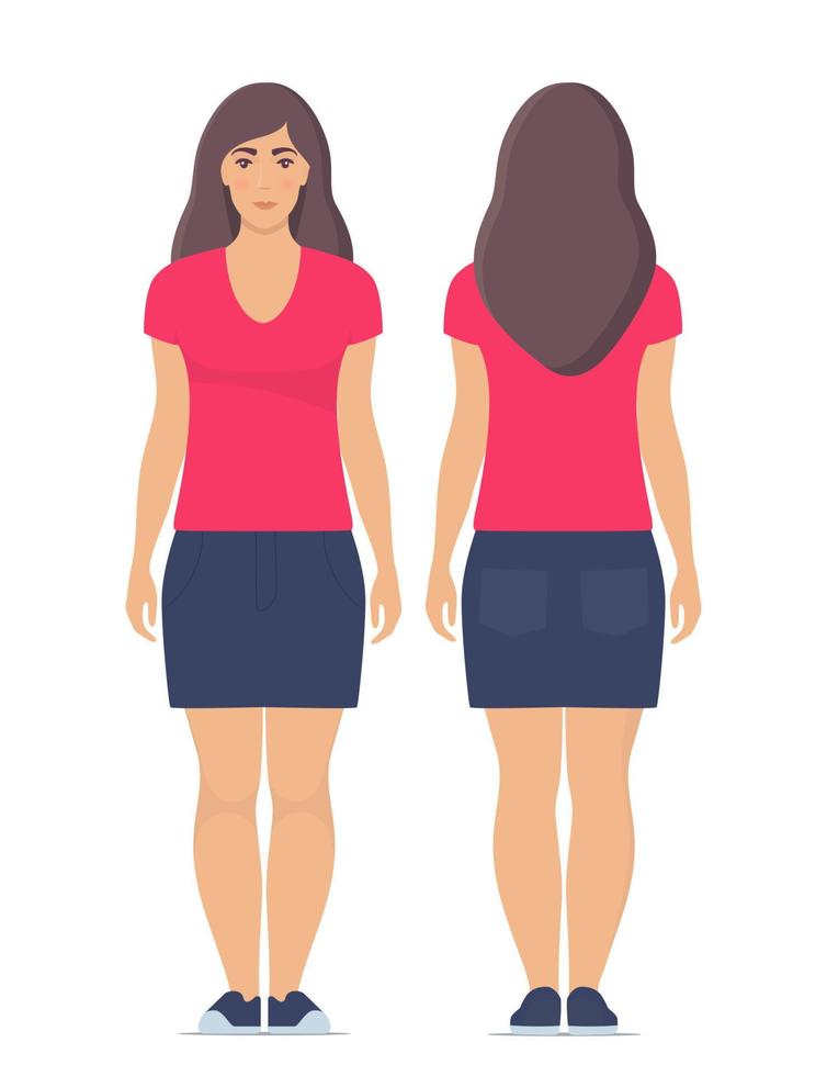 hermosa mujer joven de pie en pleno crecimiento en ropa casual. vista frontal y trasera, aislada. ilustración vectorial vector