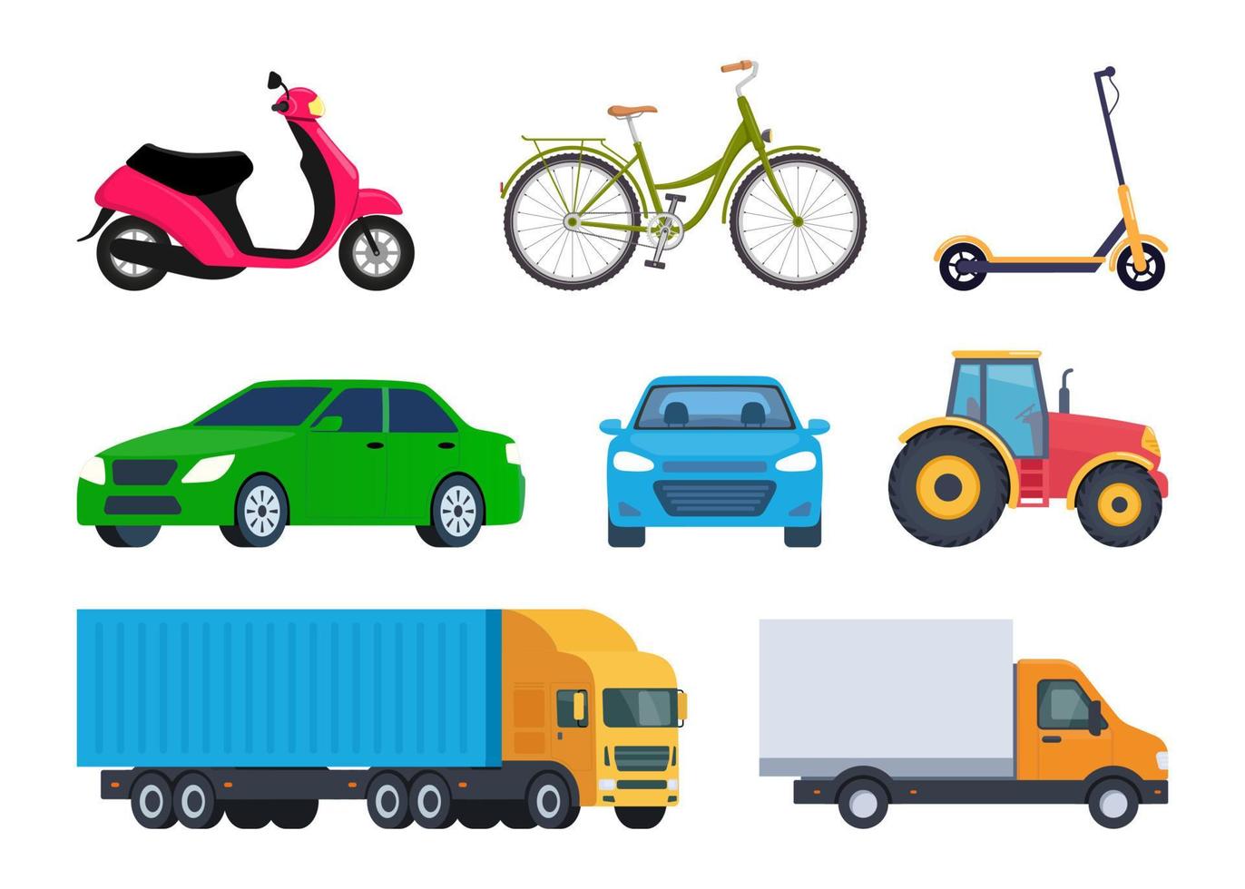 Vehicles, set. Car, bicycle, moped, electric scooter, truck, tractor. Vector illustration in flat style.