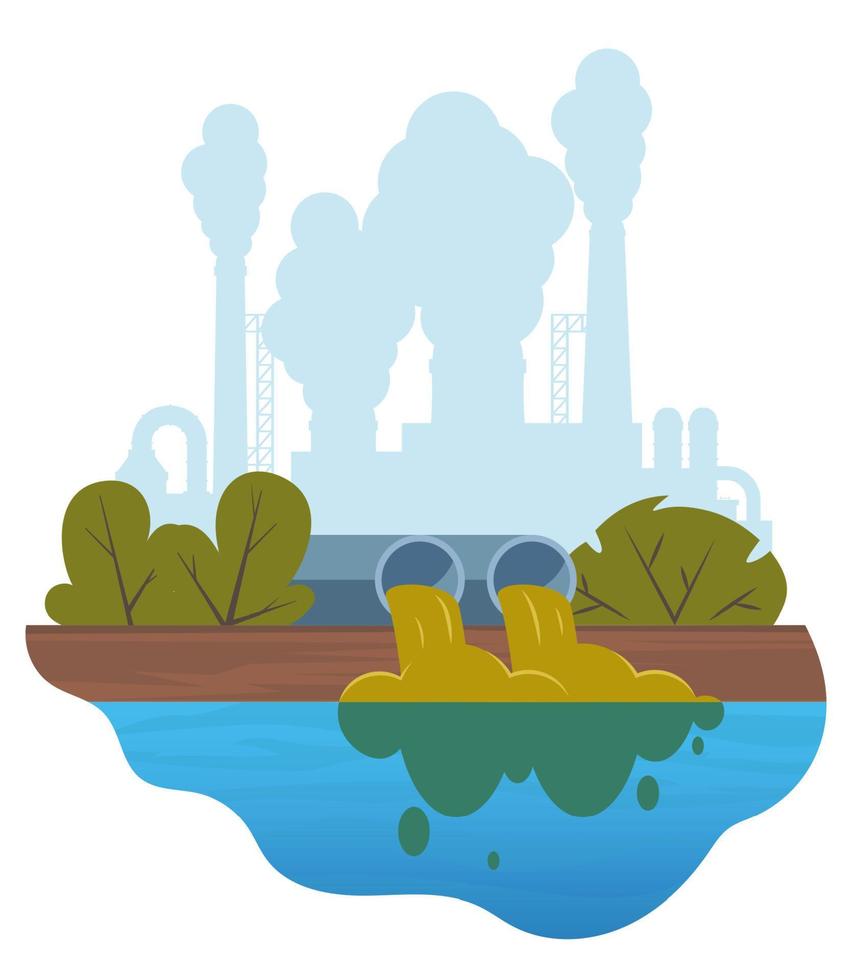 Dirty water stems from the pipe polluting the river. Discharge of liquid chemical waste. Factory in the background. The danger for the environment. Flat vector illustration for infographics.