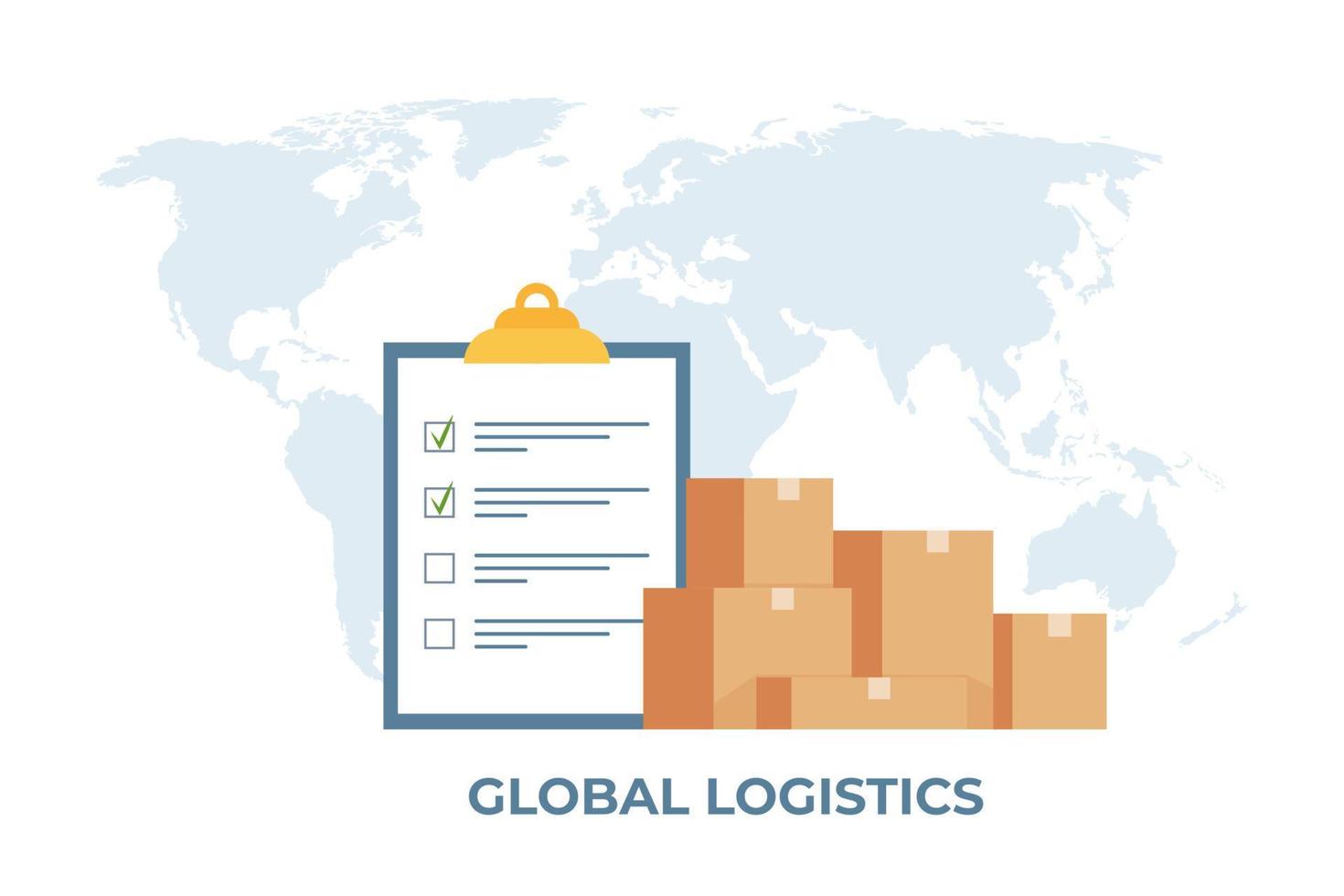 Cargo logistics transportation concept. Global logistic network. Clipboard with checklist and pile of boxes, world map on background. Import, export. Global freight transportation. Vector. vector